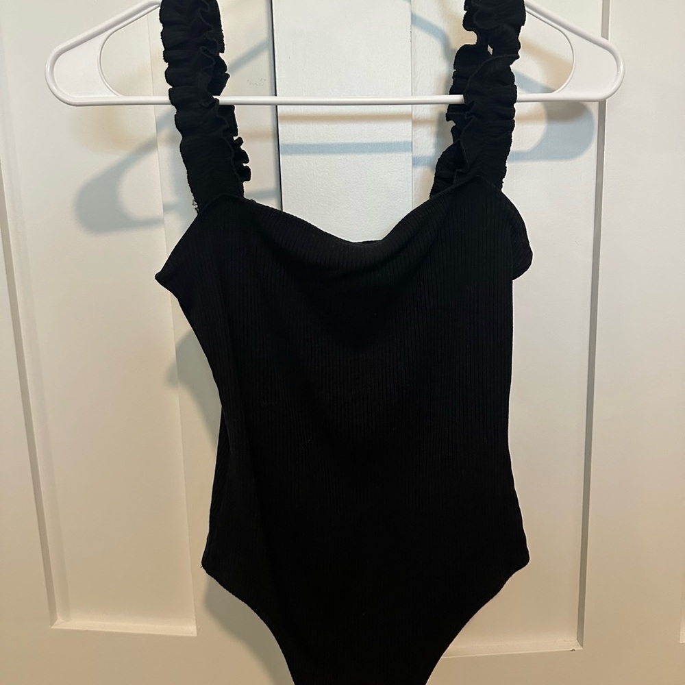Sunday Best black ribbed bodysuit with ruffle straps